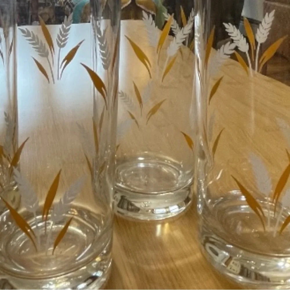Libbey wheat spray highball glasses, set of 4, gold rim, vintage, mid-century